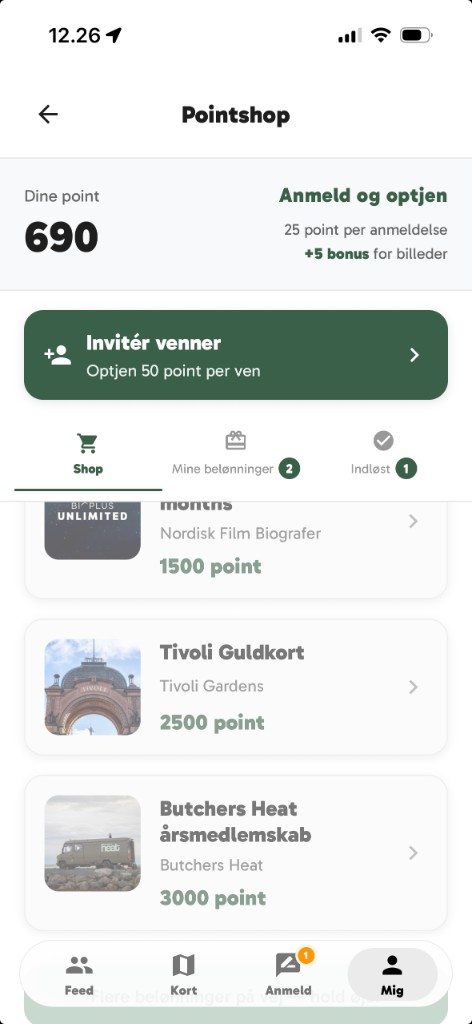Point Shop i appen med belønninger og gavekort